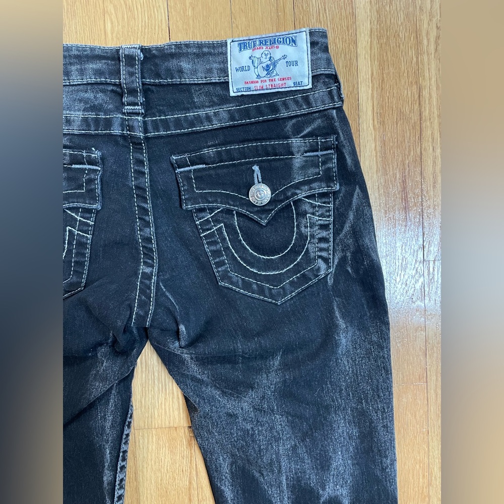 Rare Women's True Religion Slim Straight Black Marbled Denim Jeans 25 ✨NEW✨ - Picture 7 of 10